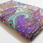 Indian Handmade Paisley Kantha Quilt Block Print Bedspread Purple Queen Size 0#